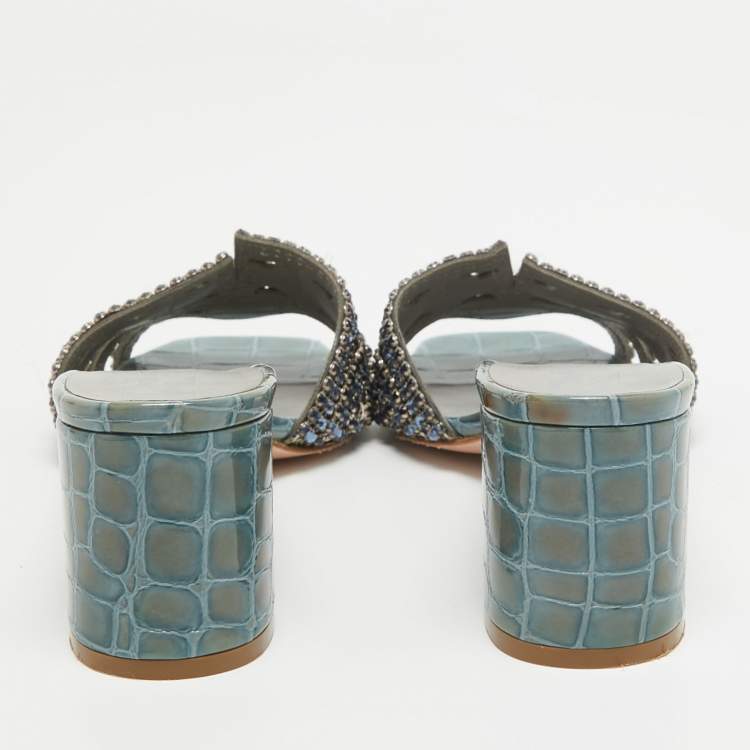 Pre Owned Gina Blue Crystal Embellished Leather Slide Sandals Size 40.5