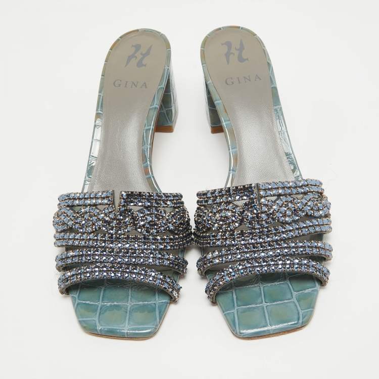 Pre Owned Gina Blue Crystal Embellished Leather Slide Sandals Size 40.5