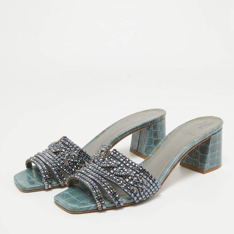 Pre Owned Gina Blue Crystal Embellished Leather Slide Sandals Size 40.5