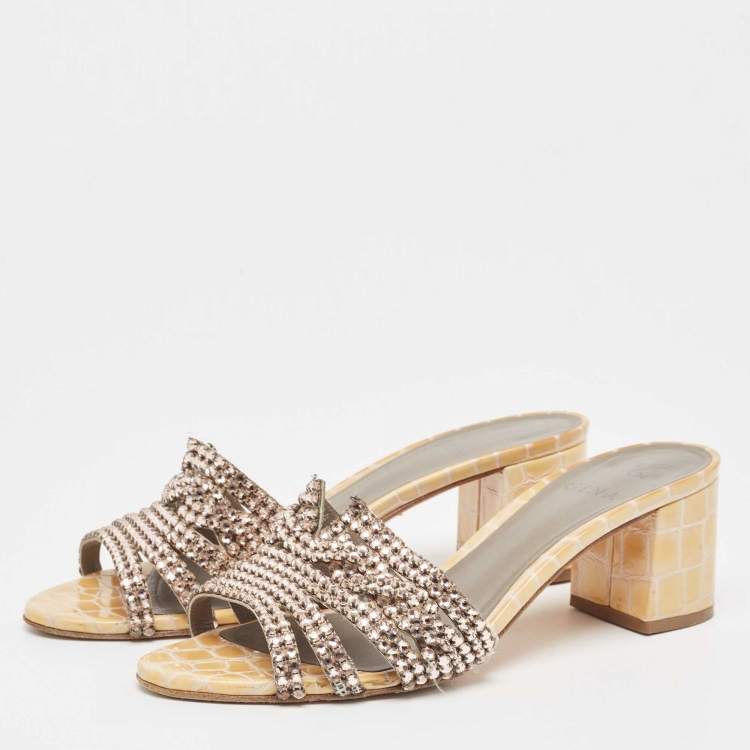 Pre Owned Gina Pink/Yellow Crystal Embellished Leather Slide Sandals Size 38.5