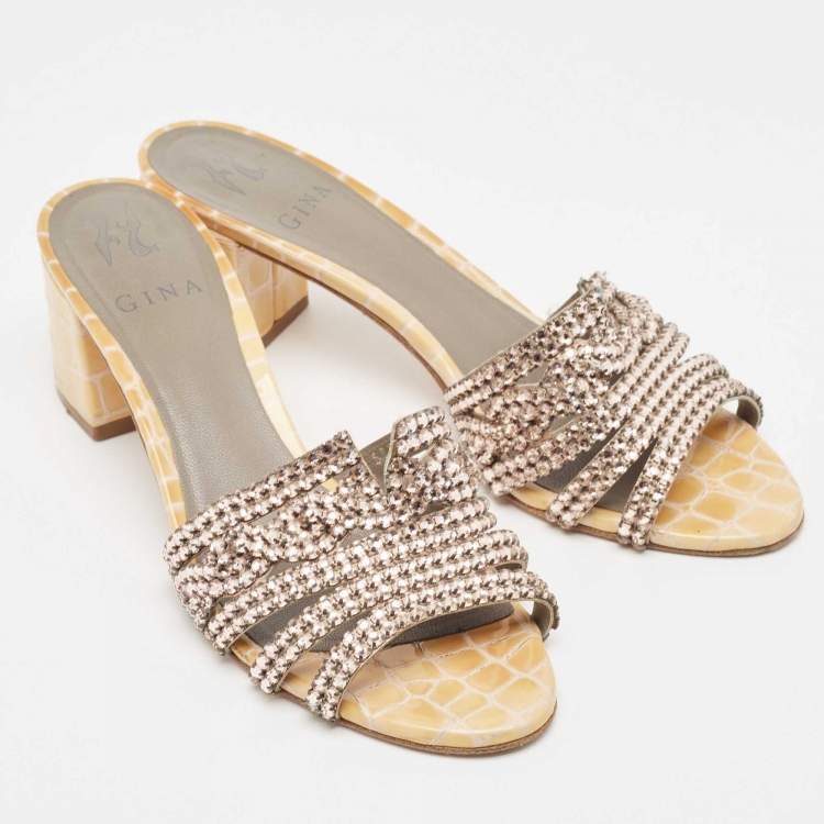Pre Owned Gina Pink/Yellow Crystal Embellished Leather Slide Sandals Size 38.5