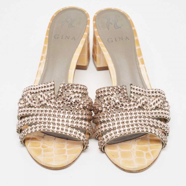 Pre Owned Gina Pink/Yellow Crystal Embellished Leather Slide Sandals Size 38.5