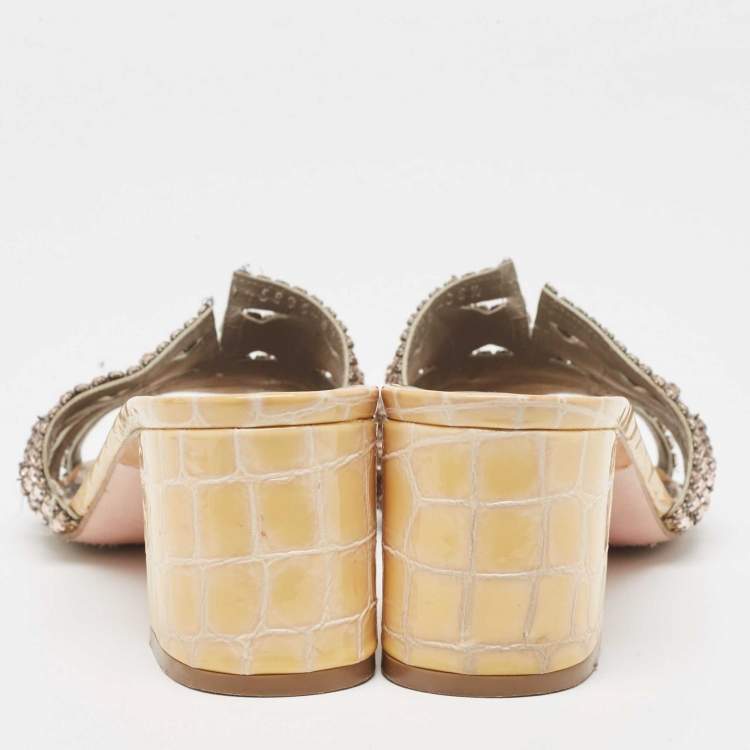 Pre Owned Gina Pink/Yellow Crystal Embellished Leather Slide Sandals Size 38.5