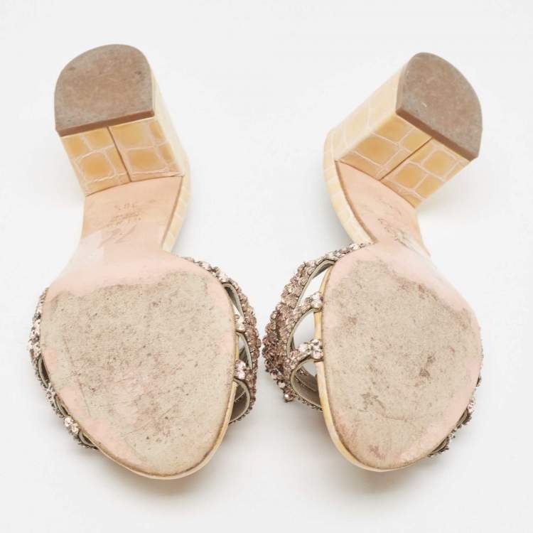 Pre Owned Gina Pink/Yellow Crystal Embellished Leather Slide Sandals Size 38.5