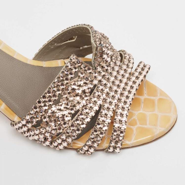 Pre Owned Gina Pink/Yellow Crystal Embellished Leather Slide Sandals Size 38.5