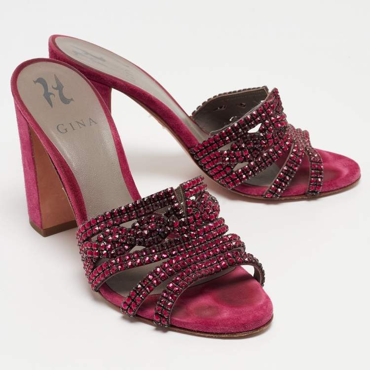 Pre Owned Gina Pink Crystal Embellished Leather Slide Sandals Size 38.5