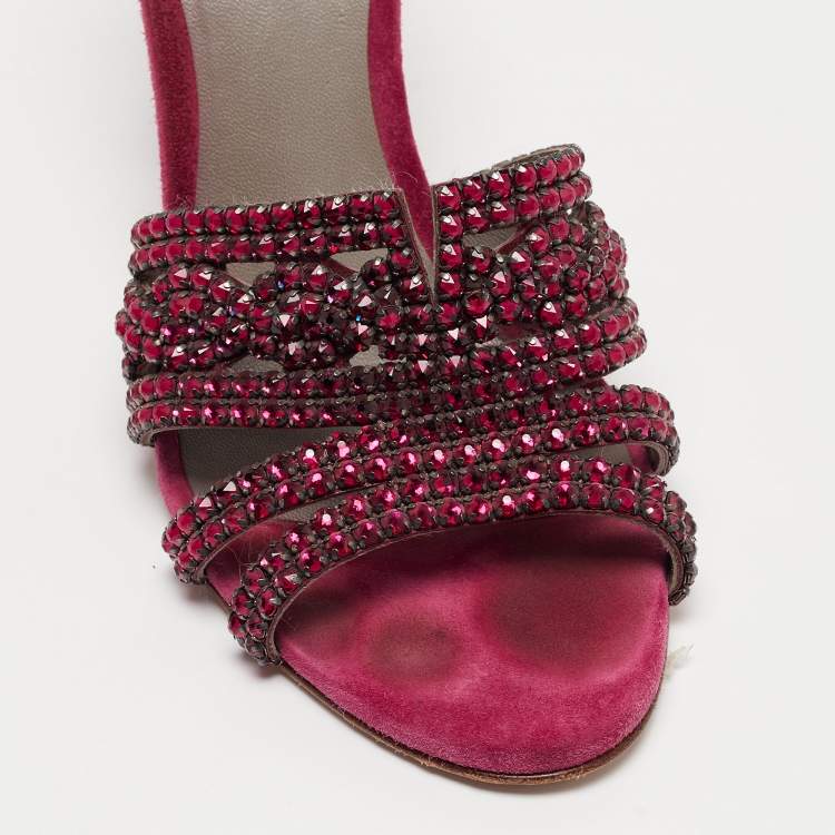 Pre Owned Gina Pink Crystal Embellished Leather Slide Sandals Size 38.5