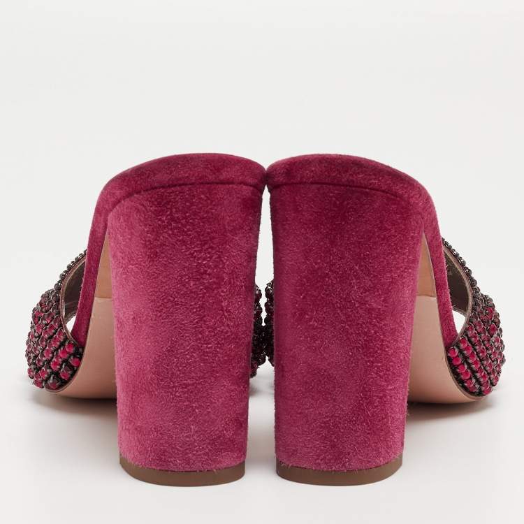 Pre Owned Gina Pink Crystal Embellished Leather Slide Sandals Size 38.5