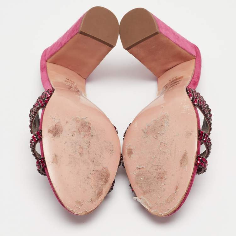 Pre Owned Gina Pink Crystal Embellished Leather Slide Sandals Size 38.5