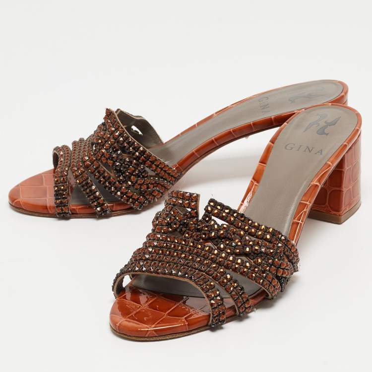 Pre Owned Gina Orange Croc Embossed Patent Crystal Embellished Slide Sandals Size 38.5
