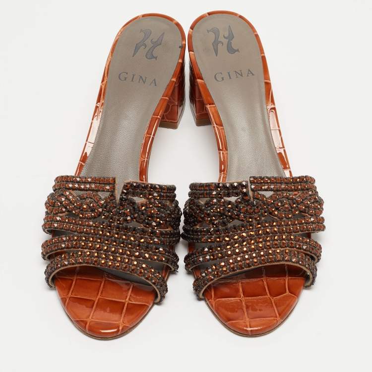 Pre Owned Gina Orange Croc Embossed Patent Crystal Embellished Slide Sandals Size 38.5