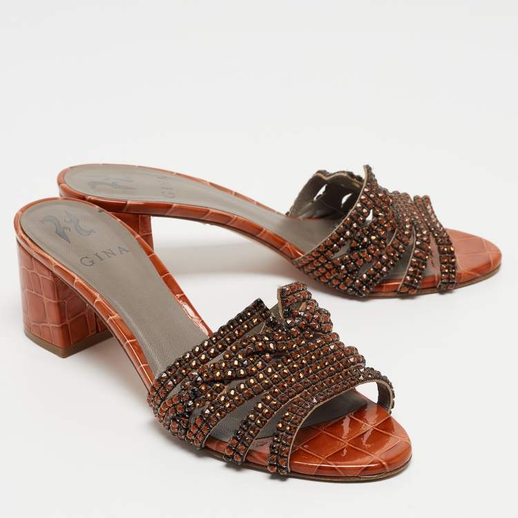 Pre Owned Gina Orange Croc Embossed Patent Crystal Embellished Slide Sandals Size 38.5