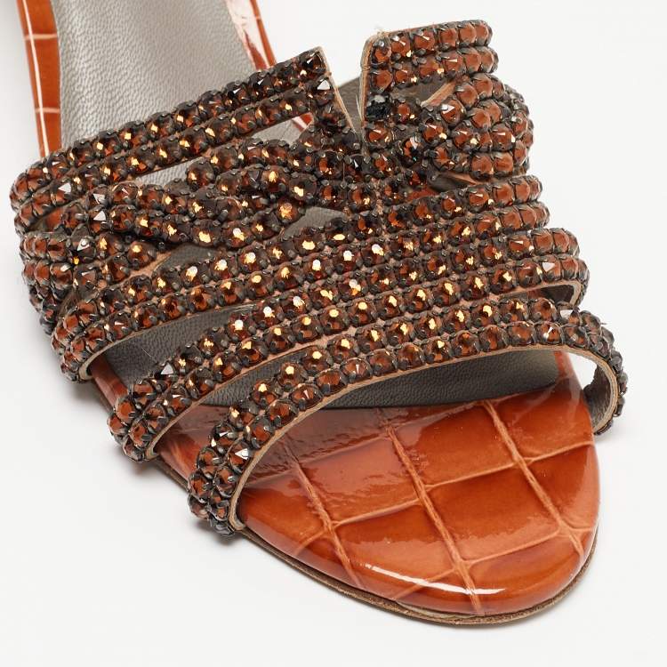 Pre Owned Gina Orange Croc Embossed Patent Crystal Embellished Slide Sandals Size 38.5