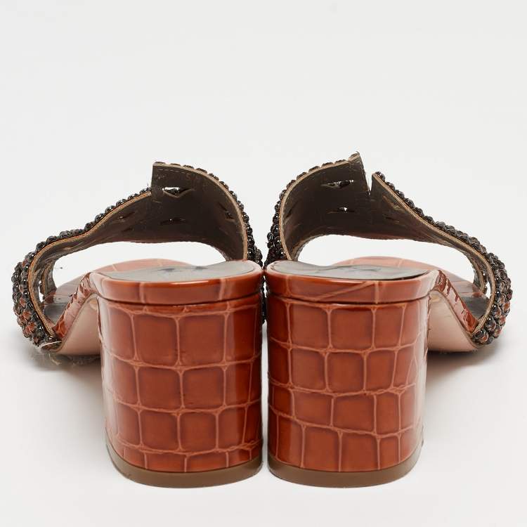 Pre Owned Gina Orange Croc Embossed Patent Crystal Embellished Slide Sandals Size 38.5