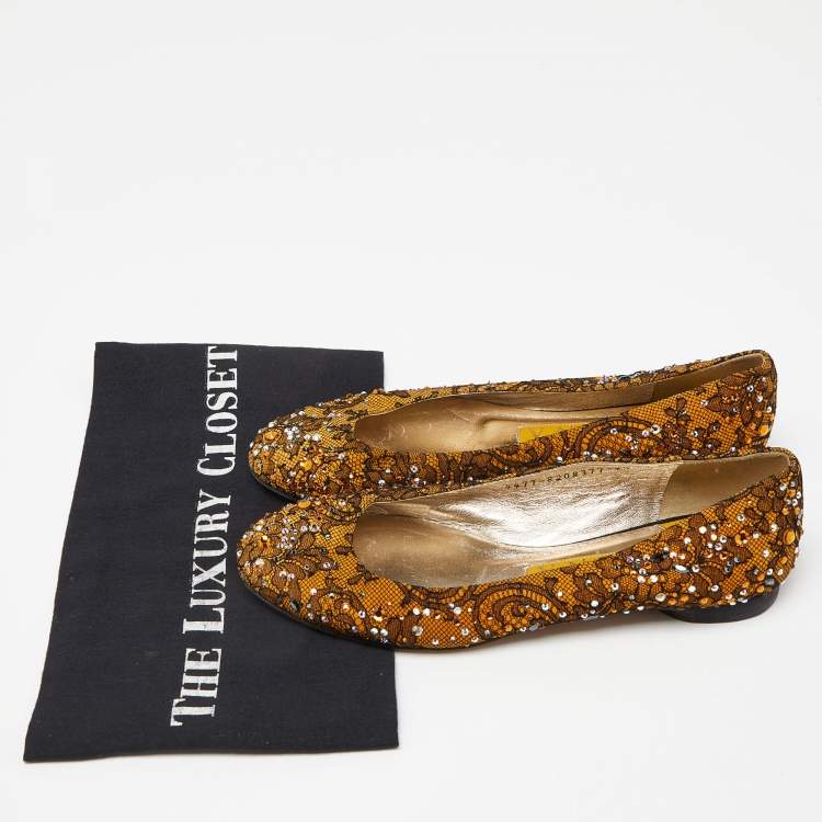 Pre Owned Gina Yellow/Black Lace Crystal Embellished Ballet Flats Size 37.5