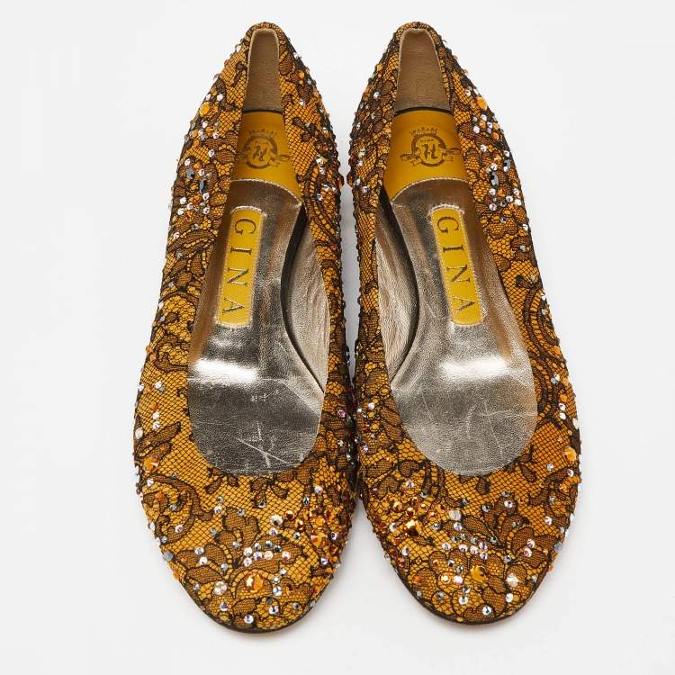 Pre Owned Gina Yellow/Black Lace Crystal Embellished Ballet Flats Size 37.5