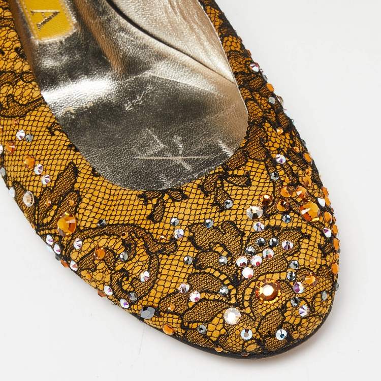 Pre Owned Gina Yellow/Black Lace Crystal Embellished Ballet Flats Size 37.5