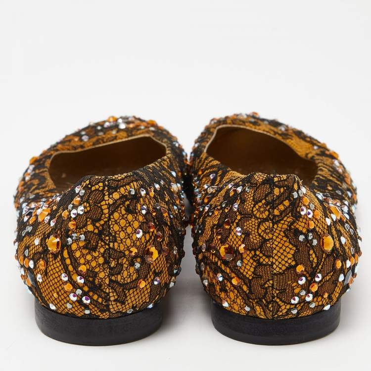 Pre Owned Gina Yellow/Black Lace Crystal Embellished Ballet Flats Size 37.5