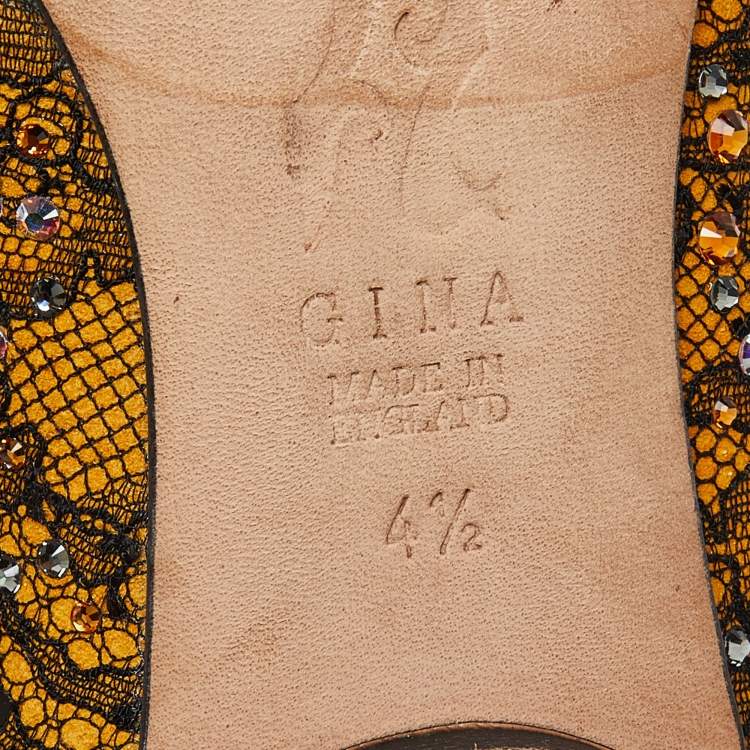 Pre Owned Gina Yellow/Black Lace Crystal Embellished Ballet Flats Size 37.5