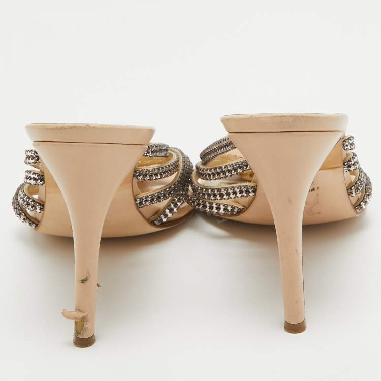 Pre Owned Gina Beige Leather and Crystal Embellished Slide Sandals Size 39
