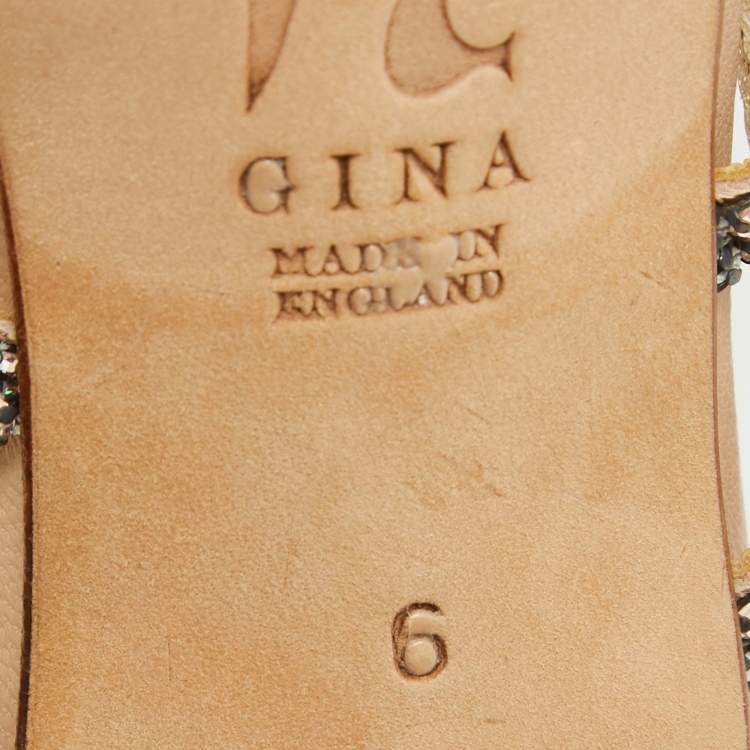 Pre Owned Gina Beige Leather and Crystal Embellished Slide Sandals Size 39