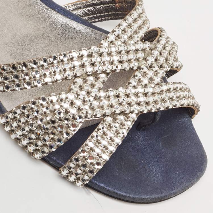 مملوكة مسبقًا Gina Silver/Blue Crystal Embellished Leather Thong Flats Size 37.5