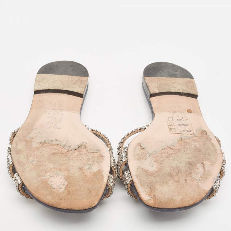 مملوكة مسبقًا Gina Silver/Blue Crystal Embellished Leather Thong Flats Size 37.5