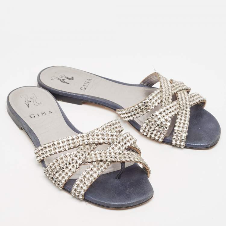 مملوكة مسبقًا Gina Silver/Blue Crystal Embellished Leather Thong Flats Size 37.5