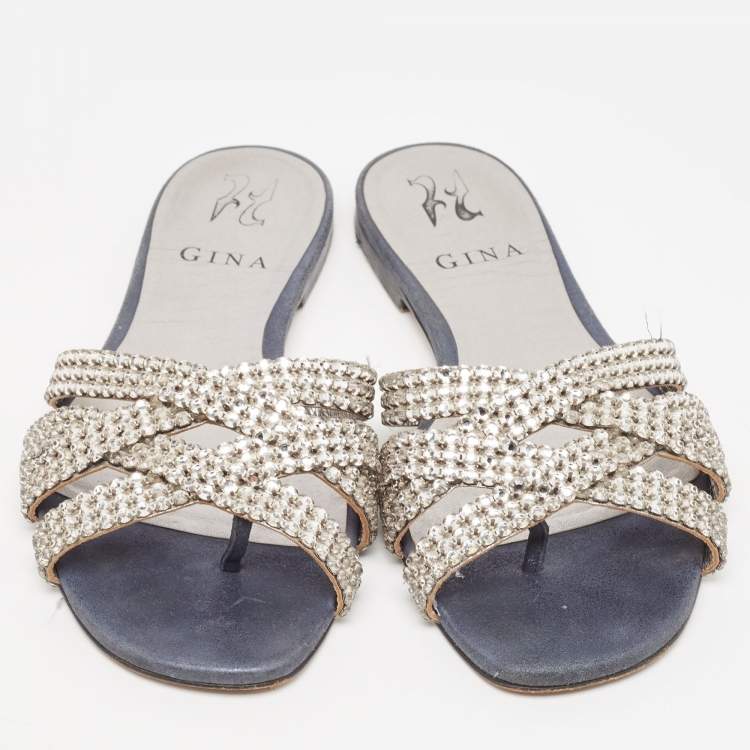 مملوكة مسبقًا Gina Silver/Blue Crystal Embellished Leather Thong Flats Size 37.5