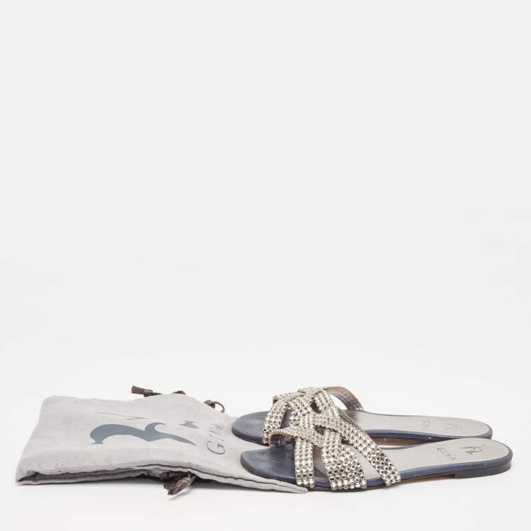 مملوكة مسبقًا Gina Silver/Blue Crystal Embellished Leather Thong Flats Size 37.5