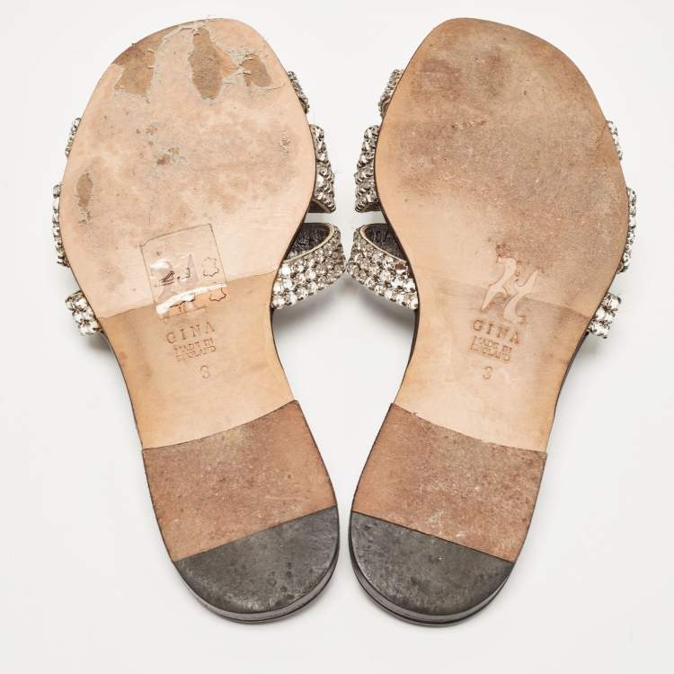 مملوكة مسبقًا Gina Silver Leather Crystal Embellished Flat Slides Size 36