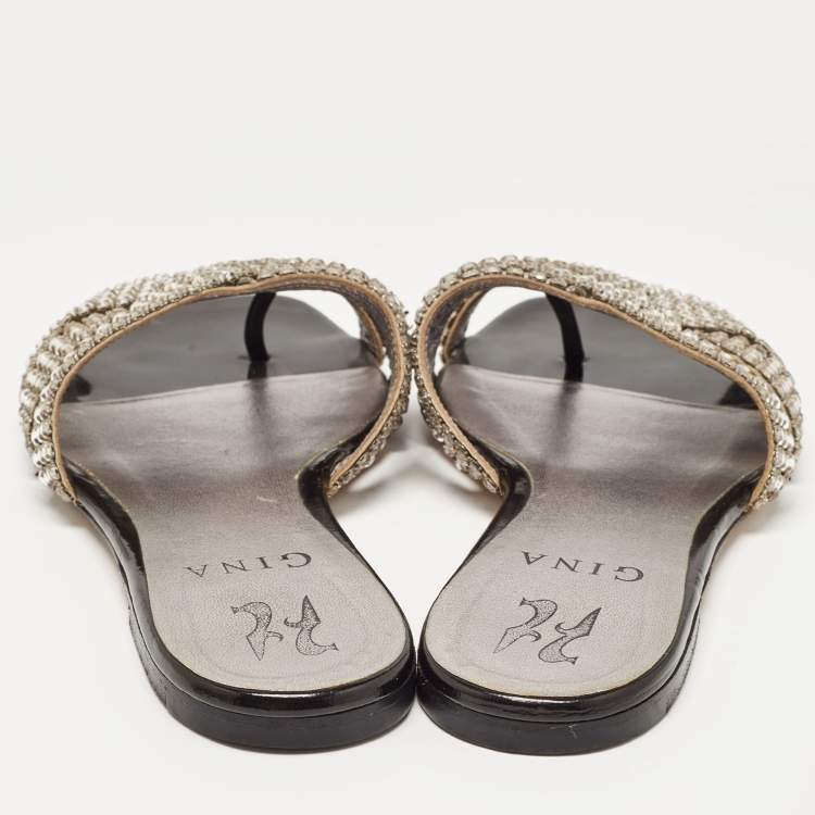 مملوكة مسبقًا Gina Silver Leather Crystal Embellished Flat Slides Size 36