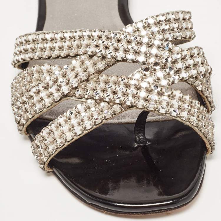 مملوكة مسبقًا Gina Silver Leather Crystal Embellished Flat Slides Size 36