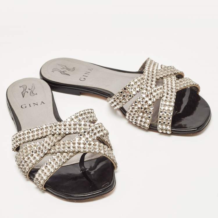 مملوكة مسبقًا Gina Silver Leather Crystal Embellished Flat Slides Size 36