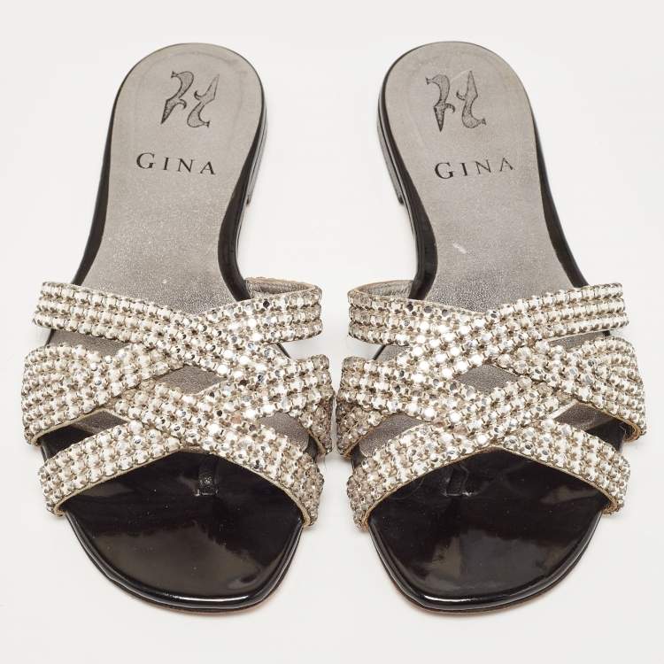 مملوكة مسبقًا Gina Silver Leather Crystal Embellished Flat Slides Size 36