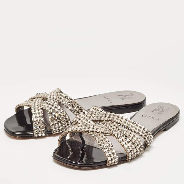 مملوكة مسبقًا Gina Silver Leather Crystal Embellished Flat Slides Size 36