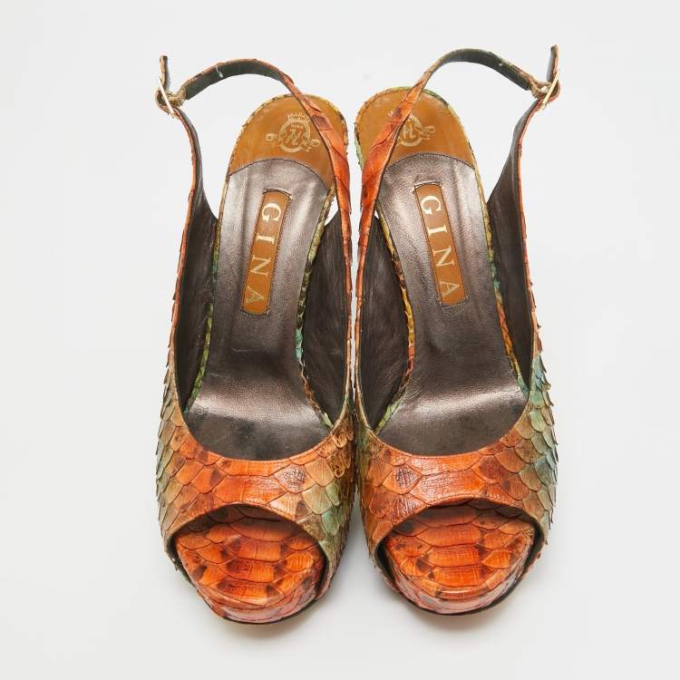 Pre Owned Gina Tricolor Python Open Toe Platform Slingback Pumps Size 40.5