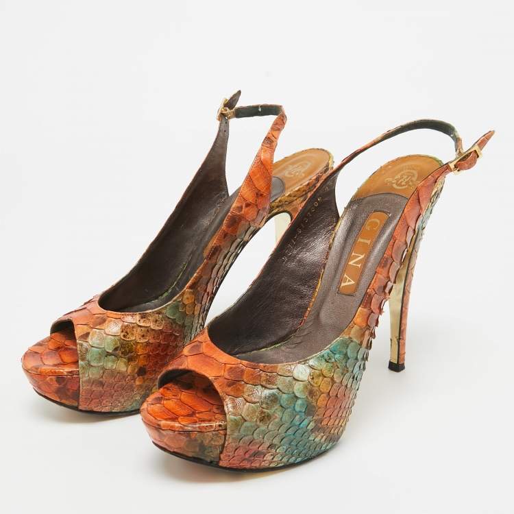 Pre Owned Gina Tricolor Python Open Toe Platform Slingback Pumps Size 40.5