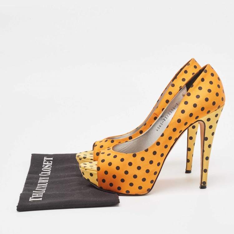 Pre Owned Gina Tricolor Polka Dot Print Satin Peep Toe Platform Pumps Size 40