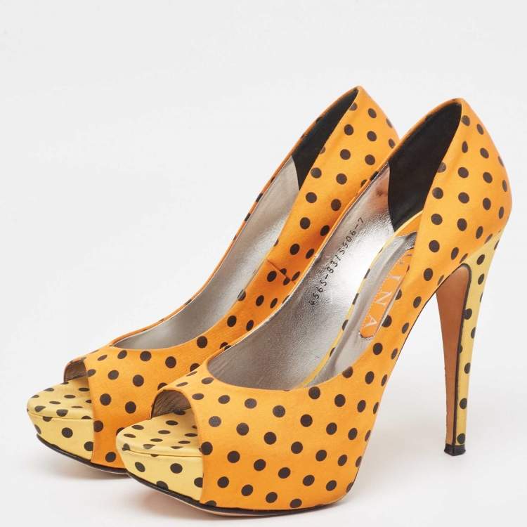 Pre Owned Gina Tricolor Polka Dot Print Satin Peep Toe Platform Pumps Size 40
