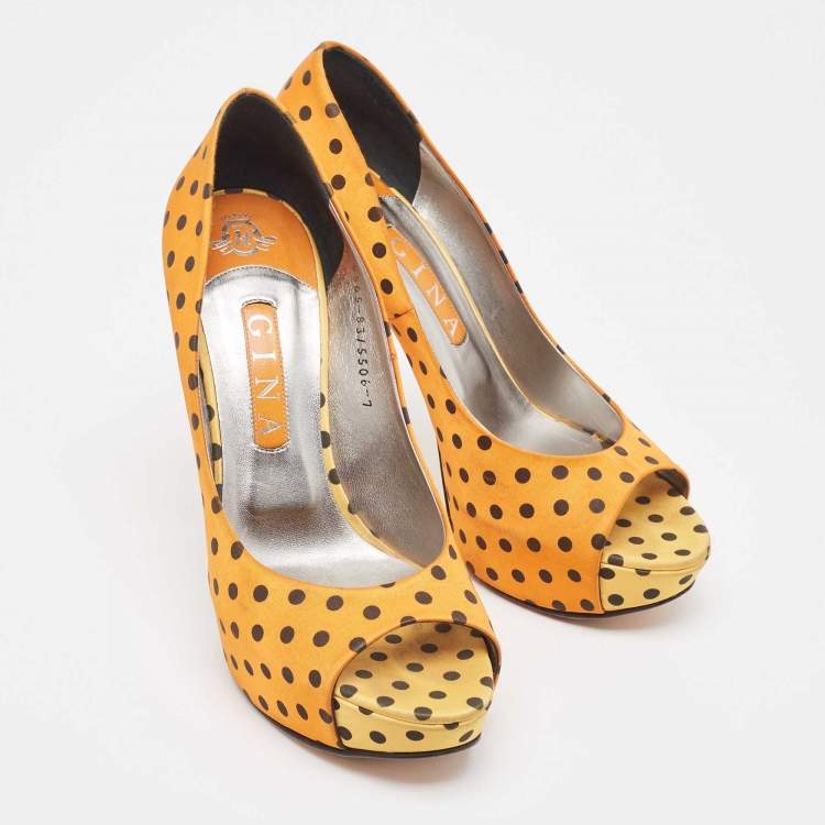 Pre Owned Gina Tricolor Polka Dot Print Satin Peep Toe Platform Pumps Size 40