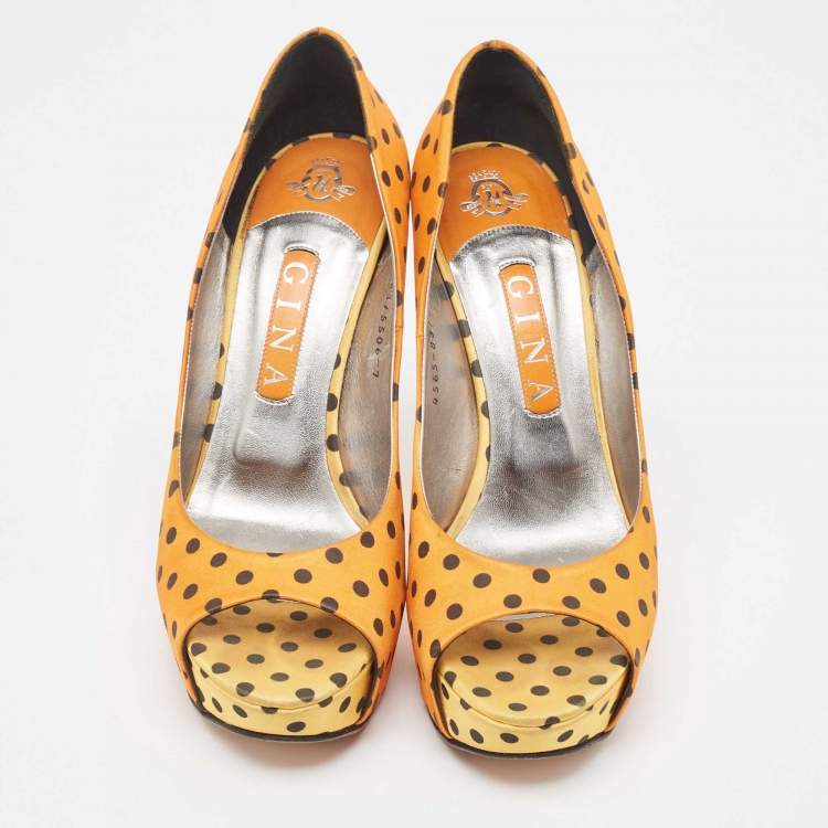 Pre Owned Gina Tricolor Polka Dot Print Satin Peep Toe Platform Pumps Size 40