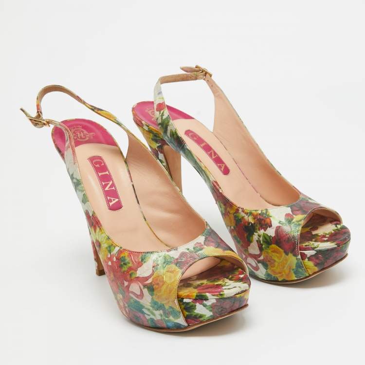 Pre Owned Gina Multicolor Python Embossed Leather Peep Toe Slingback Pumps Size  40.5