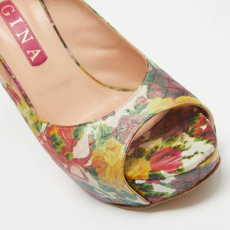 Pre Owned Gina Multicolor Python Embossed Leather Peep Toe Slingback Pumps Size  40.5