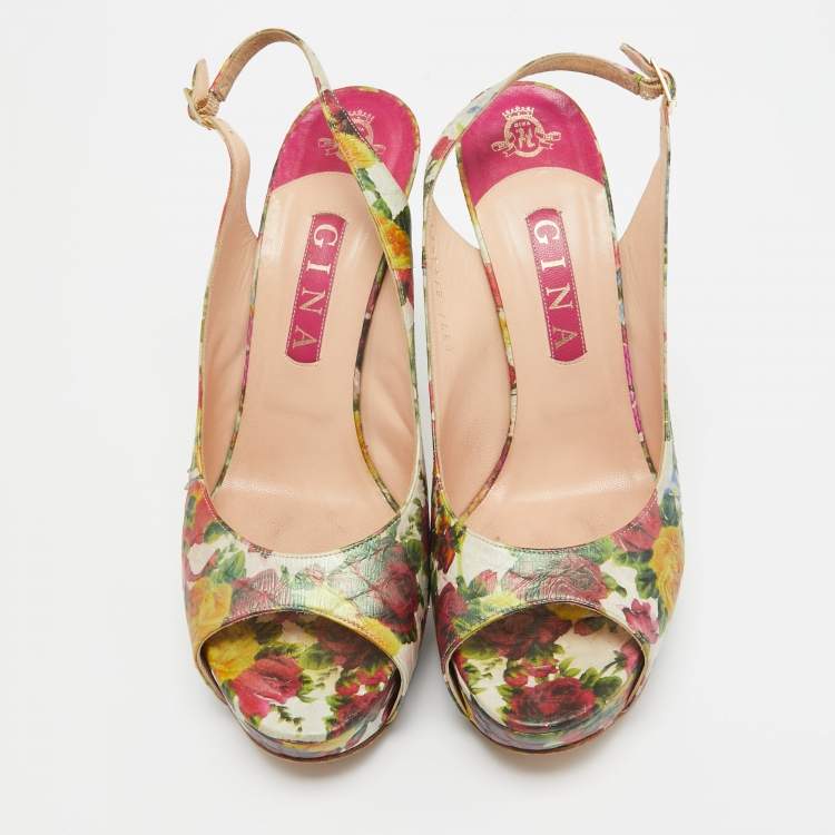 Pre Owned Gina Multicolor Python Embossed Leather Peep Toe Slingback Pumps Size  40.5