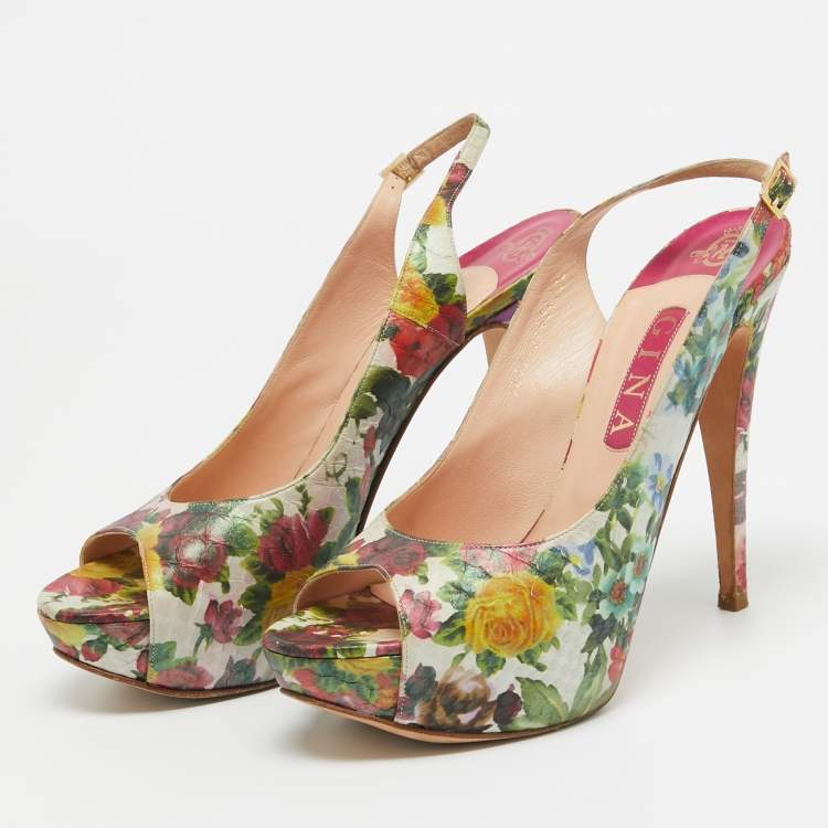 Pre Owned Gina Multicolor Python Embossed Leather Peep Toe Slingback Pumps Size  40.5