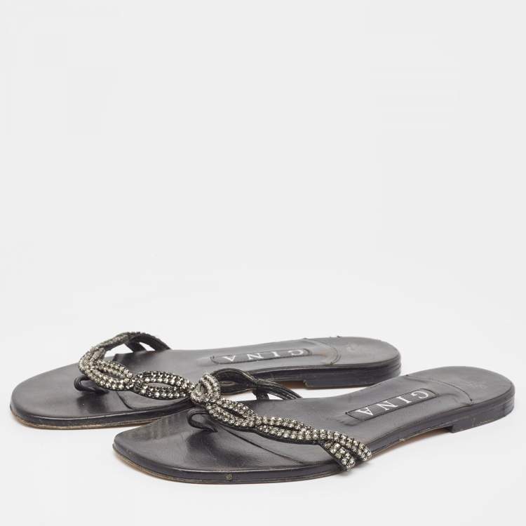 Pre Owned Gina Black Leather Crystal Embellished Flat Slides Size 37 