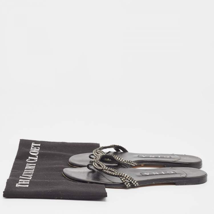 Pre Owned Gina Black Leather Crystal Embellished Flat Slides Size 37 