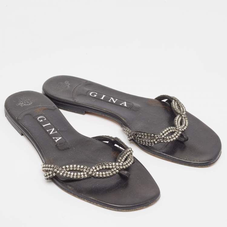 Pre Owned Gina Black Leather Crystal Embellished Flat Slides Size 37 