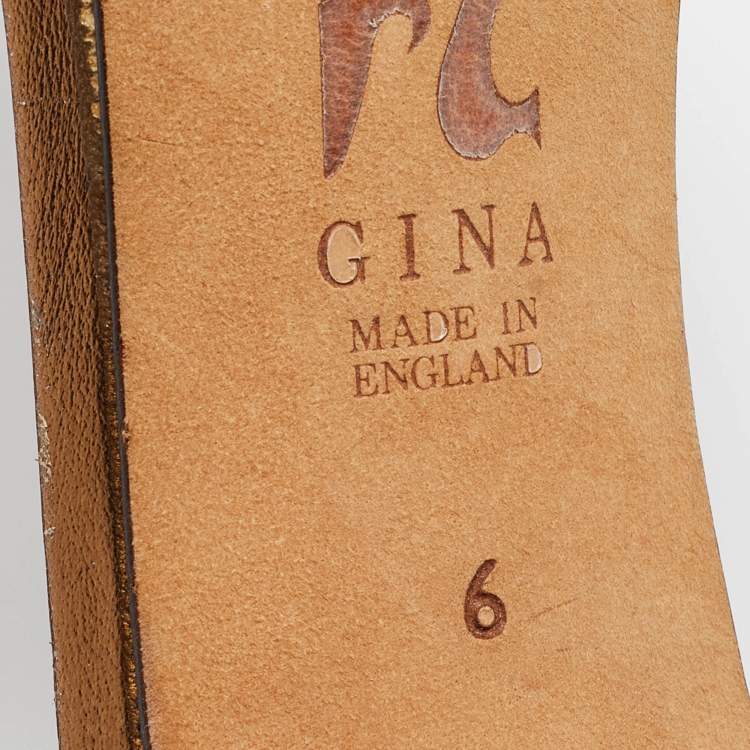 Pre Owned Gina Metallic Bronze Leather Crystal Embellished Slide Sandals Size 39